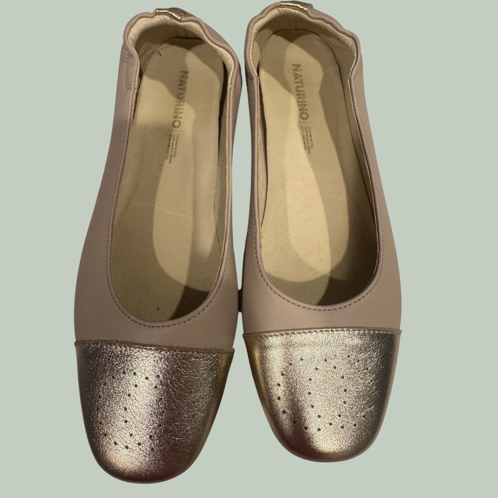 Naturino Womens Pink Leather Gold Cap Toe Ballet Flats Shoes‎ Size 38 EU